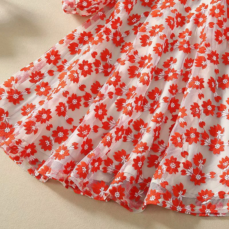

Fashion Dresses Newest 2021 Spring Summer Ladies V-Neck Allover Luxurious Embroidery Mesh Lantern Sleeve Sexy Red Yellow Dress