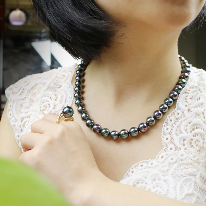 ?? デザイナージュエリーゴージャスな 9-10 ミリメートルナチュラル Real タヒチ緑の真珠のネックレス 17 インチ送料無料