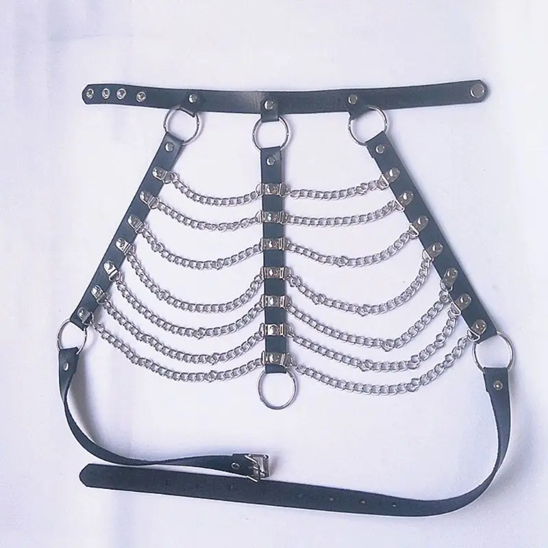 

Womens Sexy Punk Chest Harness Adjustable Caged Waist Belts Metal Body Chain Faux Leather Chocker Necklace Roleplay Clubwear