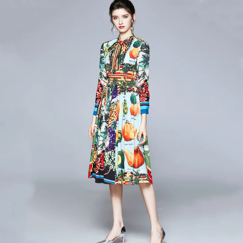 

Spring new style temperament long-sleeved dress with fruit and vegetable printing fashion elastic waist large swing skirt