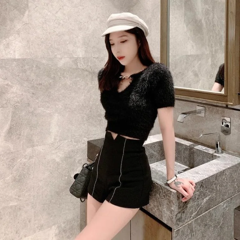 Мини шорты женские Стрейчевые с завышенной талией узкие шикарные облегающие