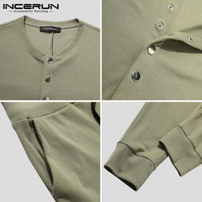 

INCERUN Men Pajamas Jumpsuits Solid Color Homewear Long Sleeve Cozy Fitness Nightwear Rompers Button Leisure Men Overalls S-5XL