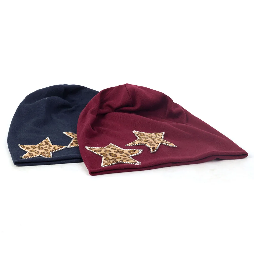 Geebro Winter Leopard Star Rhinestones Skullies Beanies For Women Female Cotton Elastic Baggy Hats Solid Color Bonnet Caps DT950 |