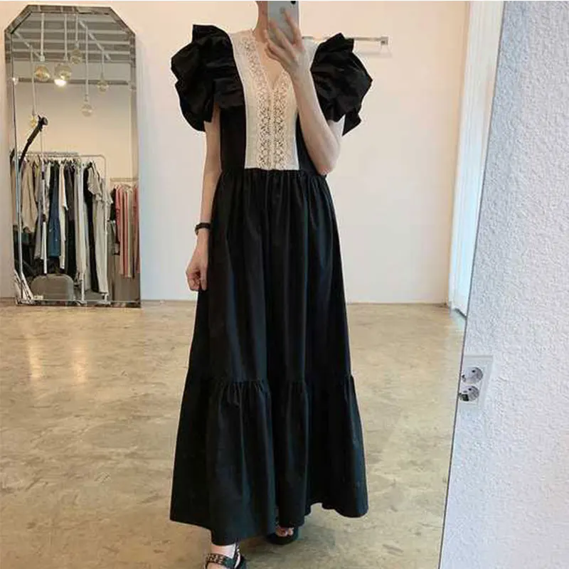 

Женское кружевное платье с V-образным вырезом, длинное платье с коротким рукавом и высокой талией, модель bc152 в Корейском стиле, 2021