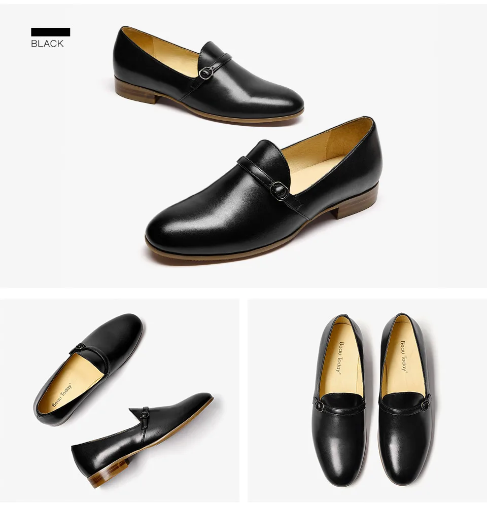 BeauToday Loafers Women Genuine Cow Leather Round Toe Buckle Ladies Slip-On Casual Flat Shoes Handmade 27159