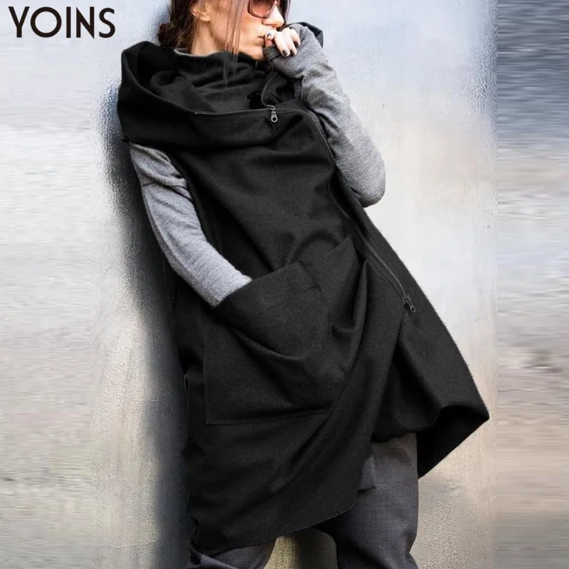 2019 YOINS осенний женский жилет на молнии с капюшоном шерстяной пальто свободная