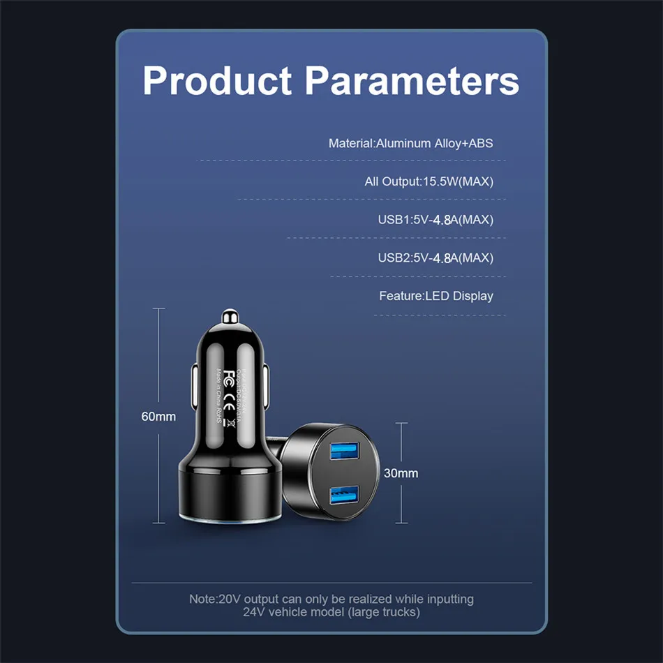 Мини USB Автомобильное зарядное устройство 4.8A 2 порта быстрой зарядки Quick Зарядное