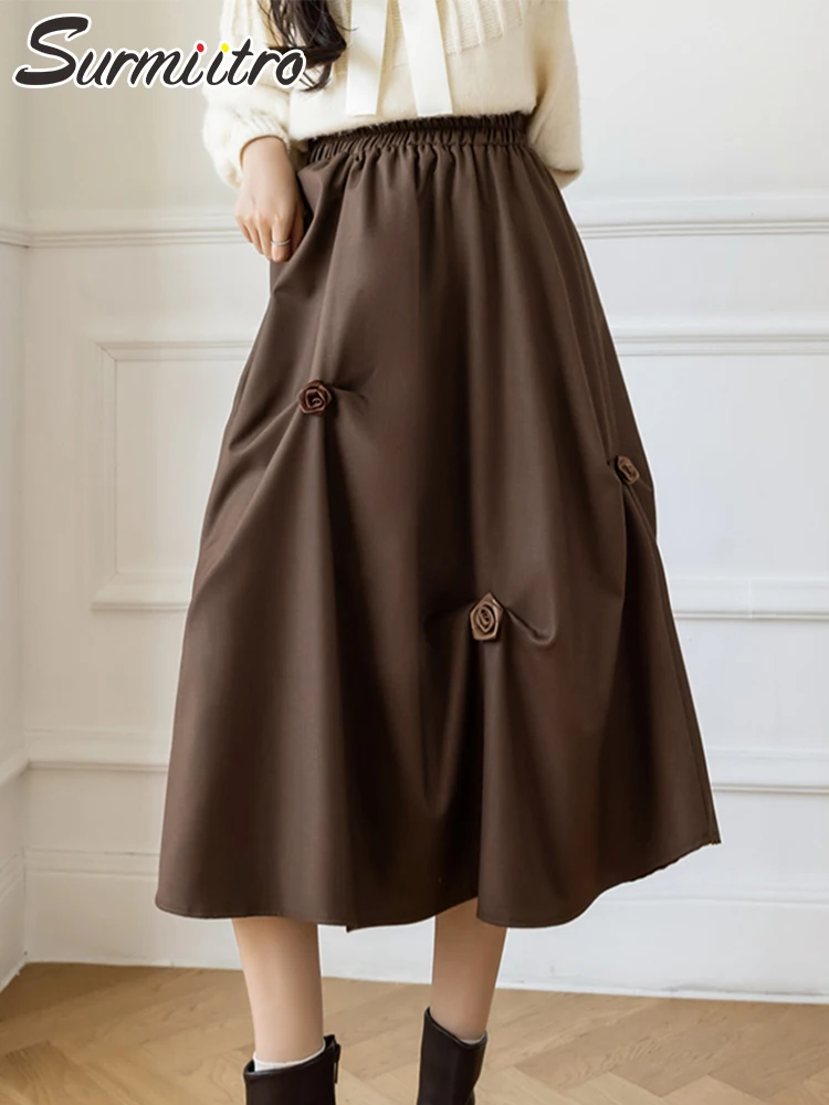 

SURMIITRO 2022 Spring Trend Korean Fashion Flower Applique Women Aesthetic High Waist A Line Pleated Midi Long Skirt Female