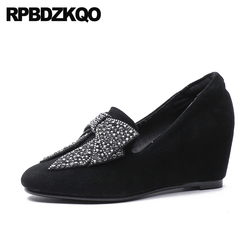 

Slip On High Heels Diamond Round Toe Black Crystal Bow Hidden 2021 Rhinestone Luxury Suede Sheepskin Shoes Women Size 4 34 Pumps