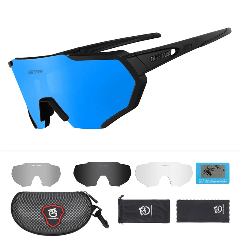 4 Lens Black Blue QUESHARK, дизайн, очки для велоспорта для мужчин и женщин,, полностью покрытые линзы, UV400, поляризационные, 3 или 4 линзы, всего - Цвет: 4 Lens Black Blue