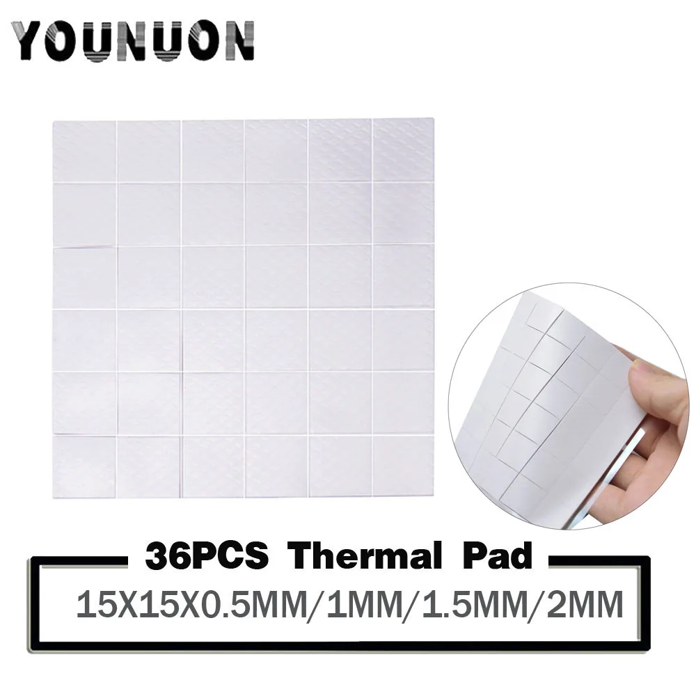 

YOUNUON 36pcs 15mm*15mm*2.0mm 1.5mm 1mm 0.5mm Thermal Pad GPU CPU Heatsink Cooling Conductive Silicone Pad