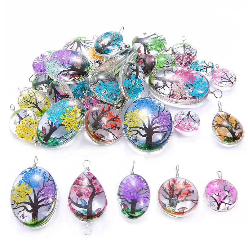 

2PC Random Color Natural Dried Flower Life Tree Necklace Pendant for Women Resin Crystal Glass Ball Round Necklaces Jewelry