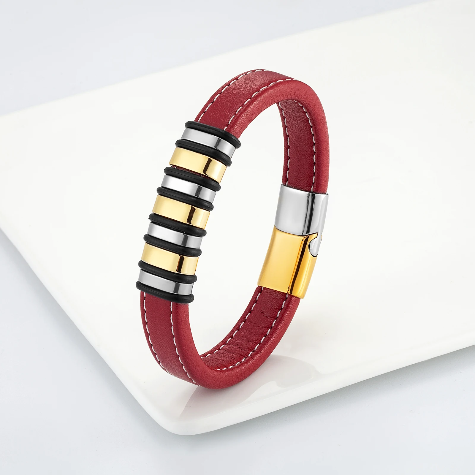 

2021 New Unisex And Simple Style 7-Ring Stainless Steel For Men And Women Couple Bracelet Red Wide Leather Rope Charm Bracelet