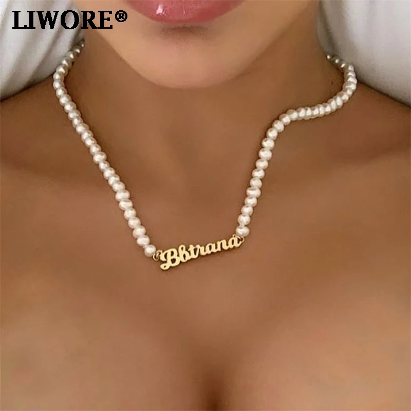 

Liwore Fashion Letter Necklace For Women Gold Color Round White Pearl Women Necklace Collar 2021 Jewelry Gift Wholesale