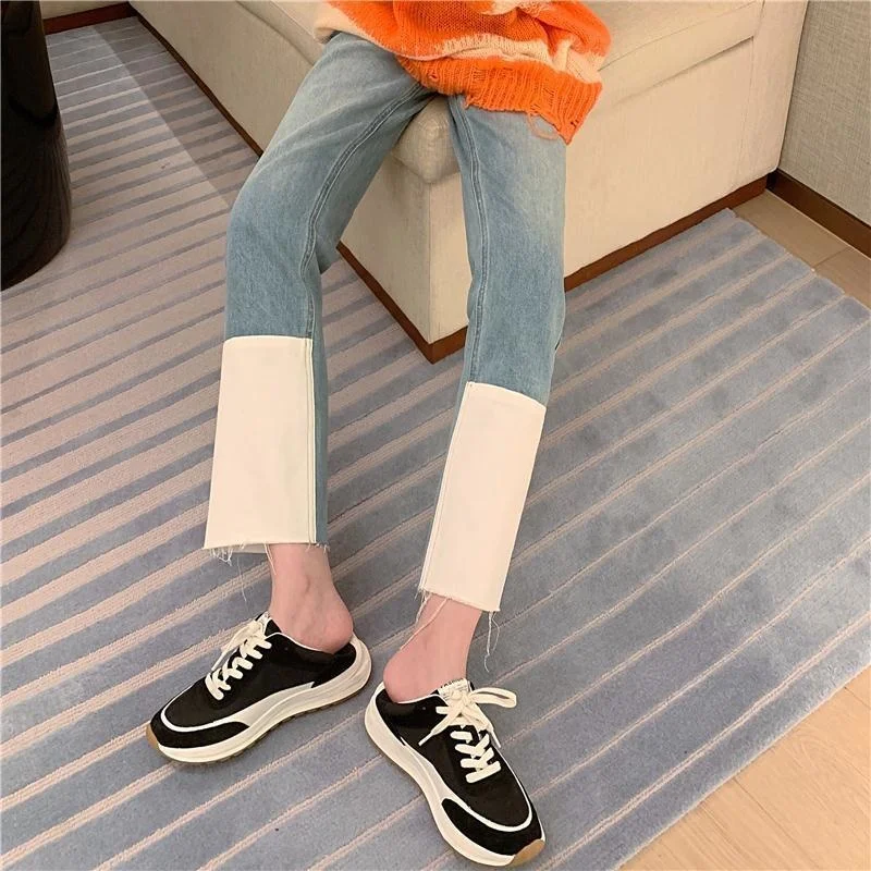 

Jeans Women Spring Button Spliced High Waisted Baggy Straight Fashion Ulzzang Harajuku Teen All-match Comfort Casual Elegant