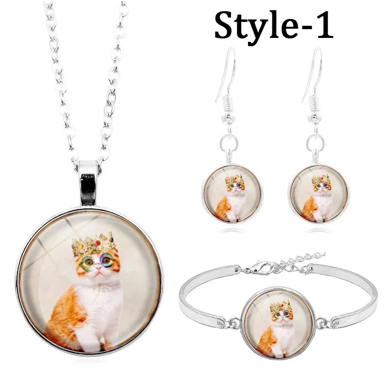 

8 Style Fashion Jewelry Sets for Women Cute Cat Photo Cabochon Glass Pendant Necklace Bracelet Earring Set (4Pcs/Set )