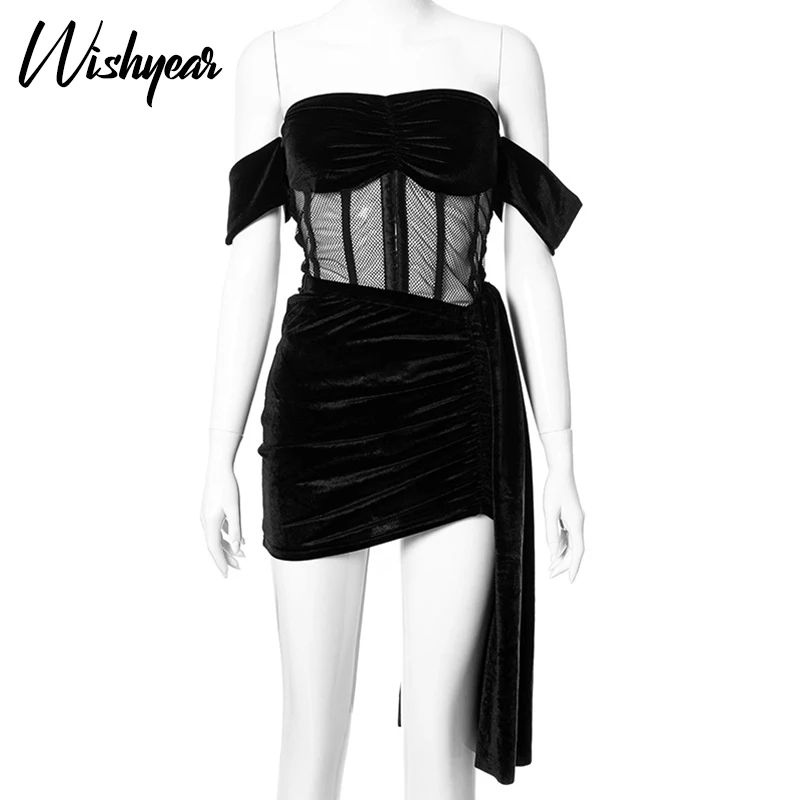 Wishyear Sexy Black Velvet Mesh Sheer Corset Top and Mini Skirts Two Piece Set for Women Dresses Summer Birthday Club Outfits