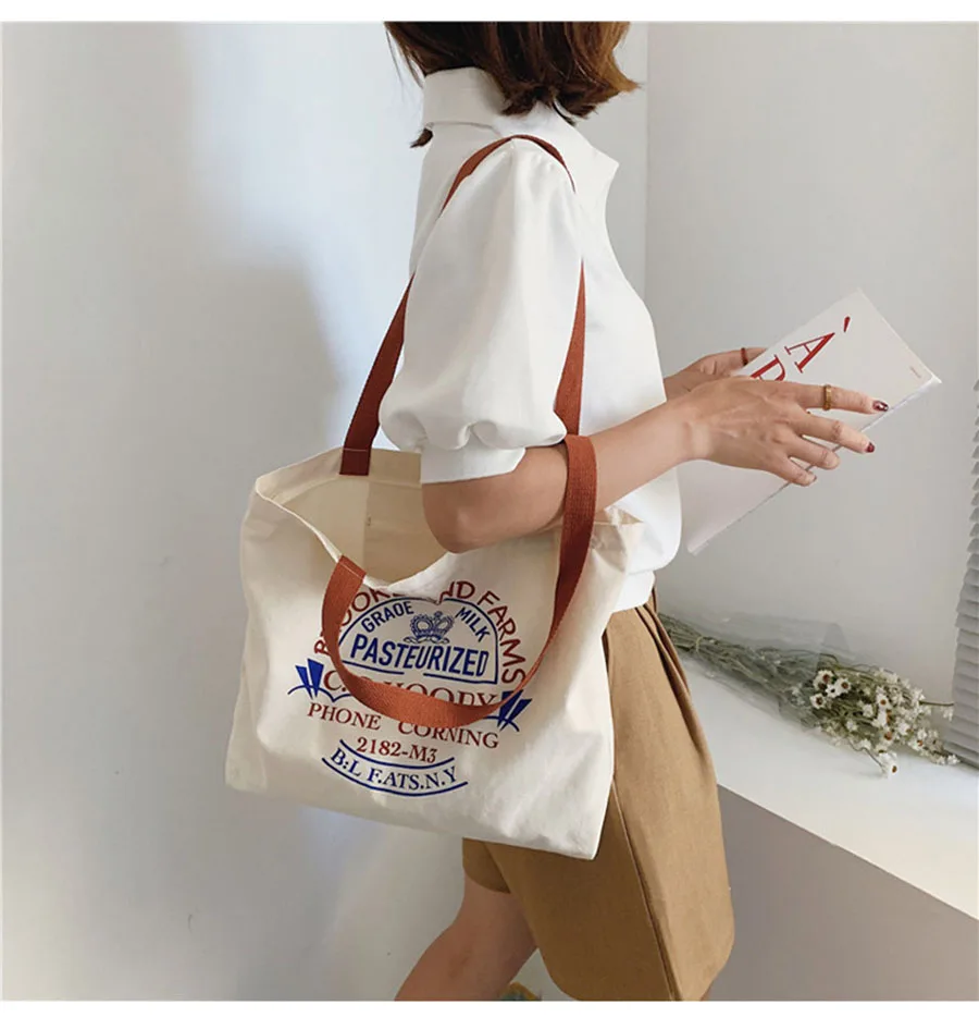 

Women Canvas Shopping Bag English Letters Print Female Cotton Cloth Shoulder Bag Eco Handbag Tote Reusable Grocery Shopper Bags