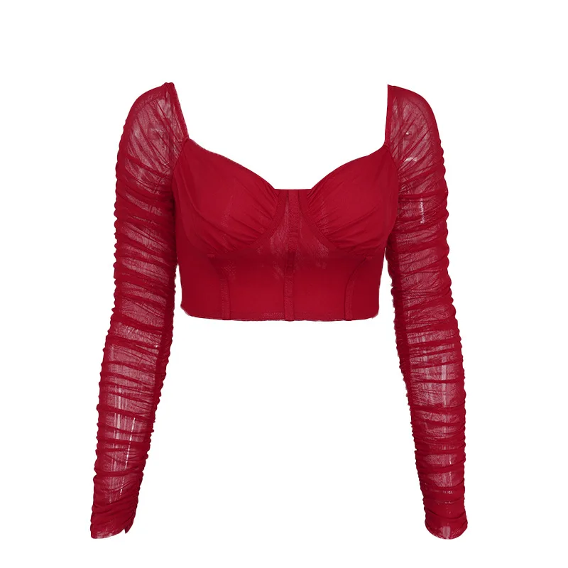 

2020 women's sexy fashion gauze perspective pleated open navel short top