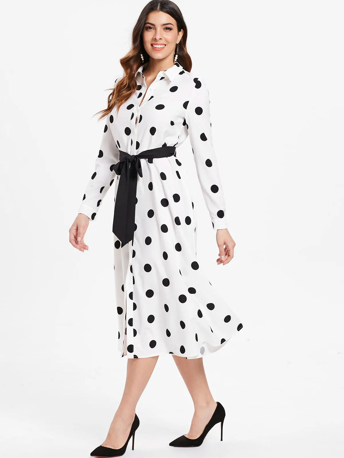 Женское платье миди в горошек Joineles Повседневное платье-рубашка стиле ретро с