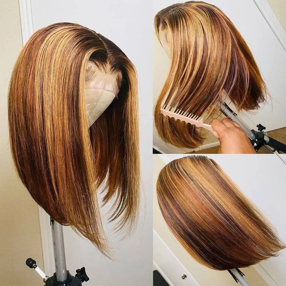 

Human Hair Wig Ombre Bob Peruvian Straight Natural 1B/30&4/27 Highlight Short Bob Remy 4x4 Lace Closure Human Hair Wigs