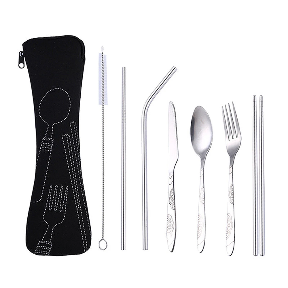 7 piece set Столовая посуда Нержавеющая сталь, столовая ложка, вилка, палочки для еды набор столовой посуды путешествия кемпинга Ourdoor столовые приборы инструменты комплект переносной посуды - Цвет: 7 piece set