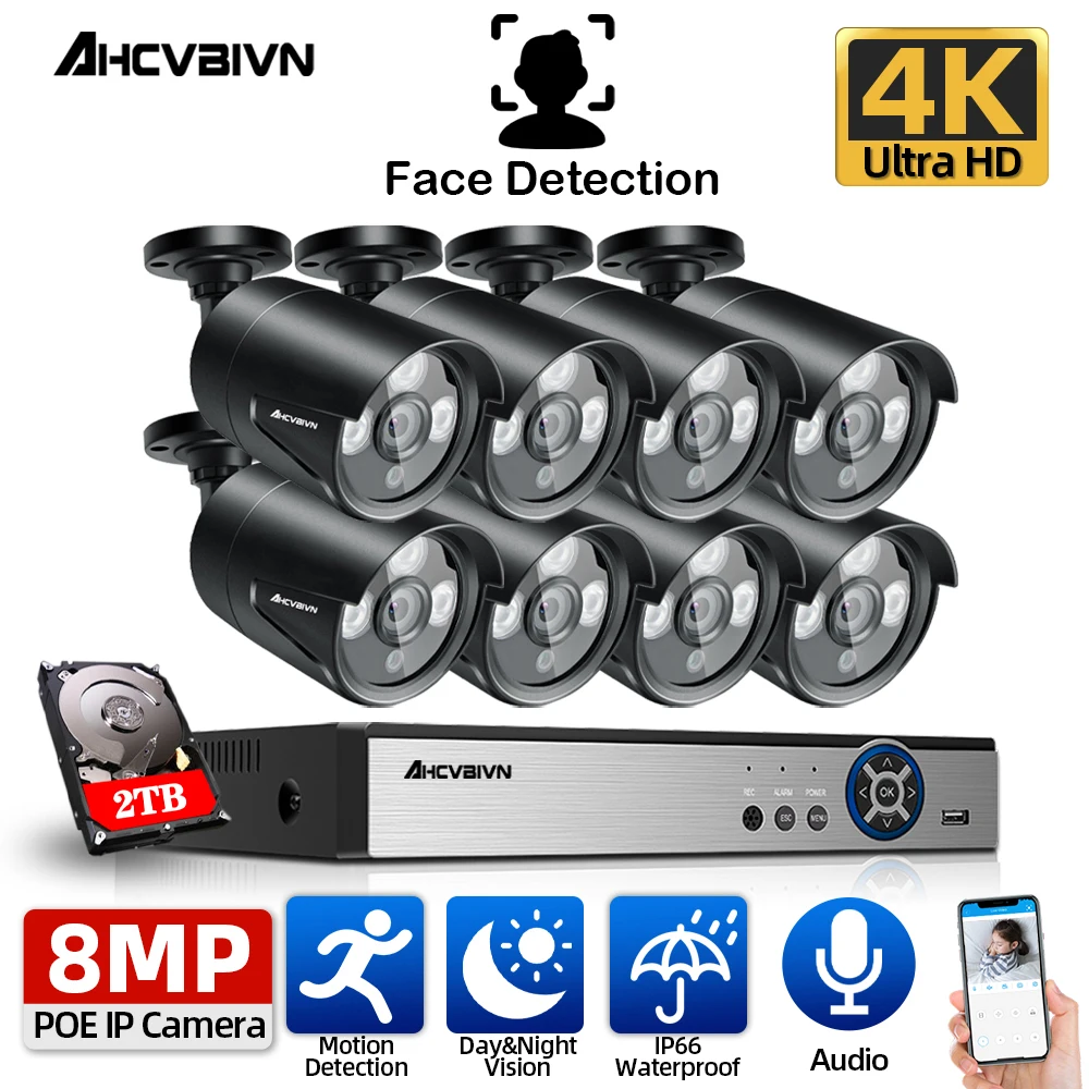 

8Channel 4K POE NVR CCTV Security Camera System Face Detection Outdoor 8MP Audio IP Camera Record P2P Video Surveillance Kit