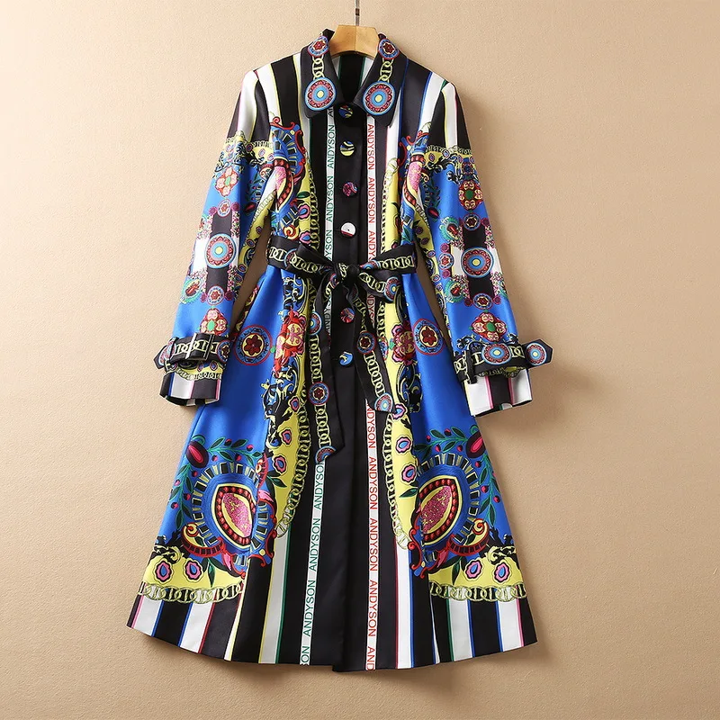 

Женская одежда в европейском и американском стиле новинка зима 2022 модный тренчкот в полоску с длинным рукавом и поясом с винтажным принтом