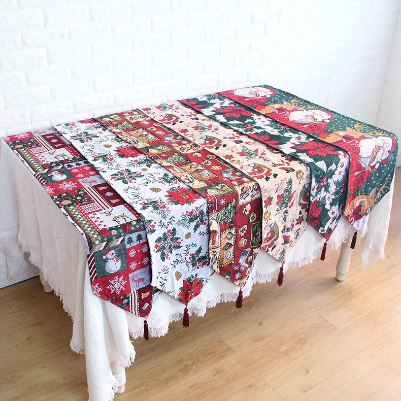 

Christmas Tassel Table Runner Santa Claus Table Cover Snow Man Table Decoration Tree Bell Table Protection Long Dining Table