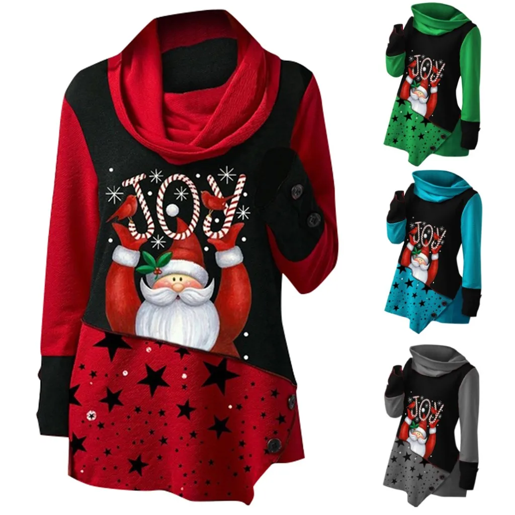 Рождественские Женские топы с принтом Лоскутная Толстовка блузка высоким