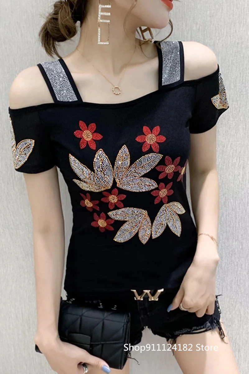 

2021 Summer Heavy Industry Hot Rhinestone Fashion Small Shirt European Goods Slim Western Style Off-The-Shoulder T-shirt Trend