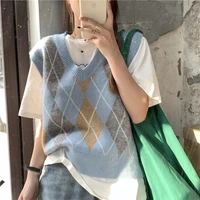 vests women v neck argyle preppy style casual summer sweet girlish all match chic students cropped femme cozy sleeveless knitted