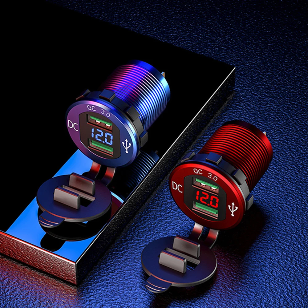 

Quick Charge 3.0 Dual USB Charger Waterproof Socket Aluminum Power Outlet Fast Charge with LED Voltmeter for 12V 24V Car Boat M