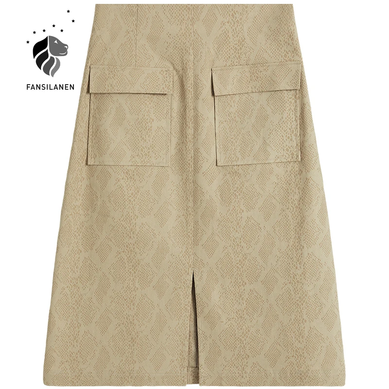 

FANSILANEN Leopard print vintage long a-line skirt Women elegant pocket high waist skirt Spring sexy split office lady skirt