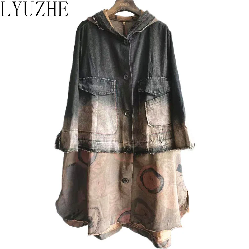 

LYUZHE Vintage Spring Women Denim Trench 2022 Patchwork Long Denim Coat Single Breasted Hooded Spliced Women Coat Black QDY059
