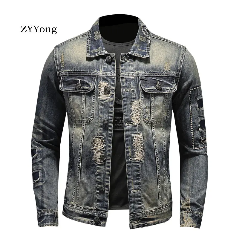 Куртка бомбер мужская рваная Джинсовая мотоциклетная Повседневная Верхняя