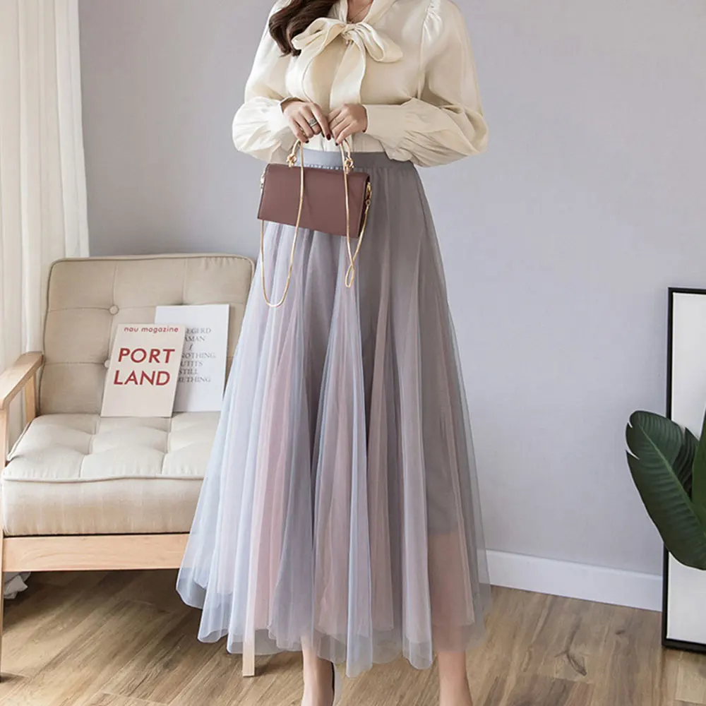 

Jocoo Jolee Women Hit Color Mesh High Waist A-Line Sweet Style Pleated Summer Casual Basic Elegant Loose Gauze Long Skirt