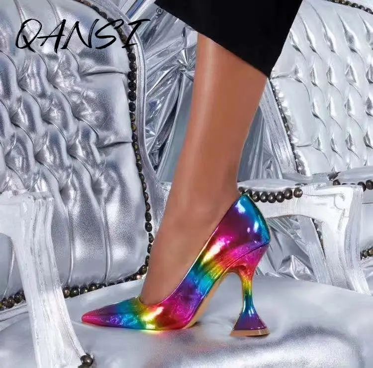 

Summer Fashion Color Point Toe High Heels Women's Designer Rainbow Women Pumps Personality Slip on Wine Glass with High Heels