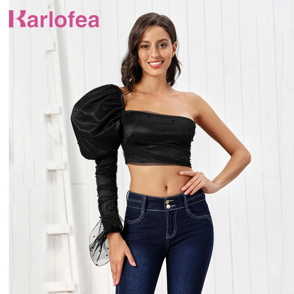 

Karlofea Casual Sweet Crop Top Outfits Chic One Shoulder Puff Sleeve Mesh Satin Elegant Ruched Shirts Pearl Celebrity Wear Tops
