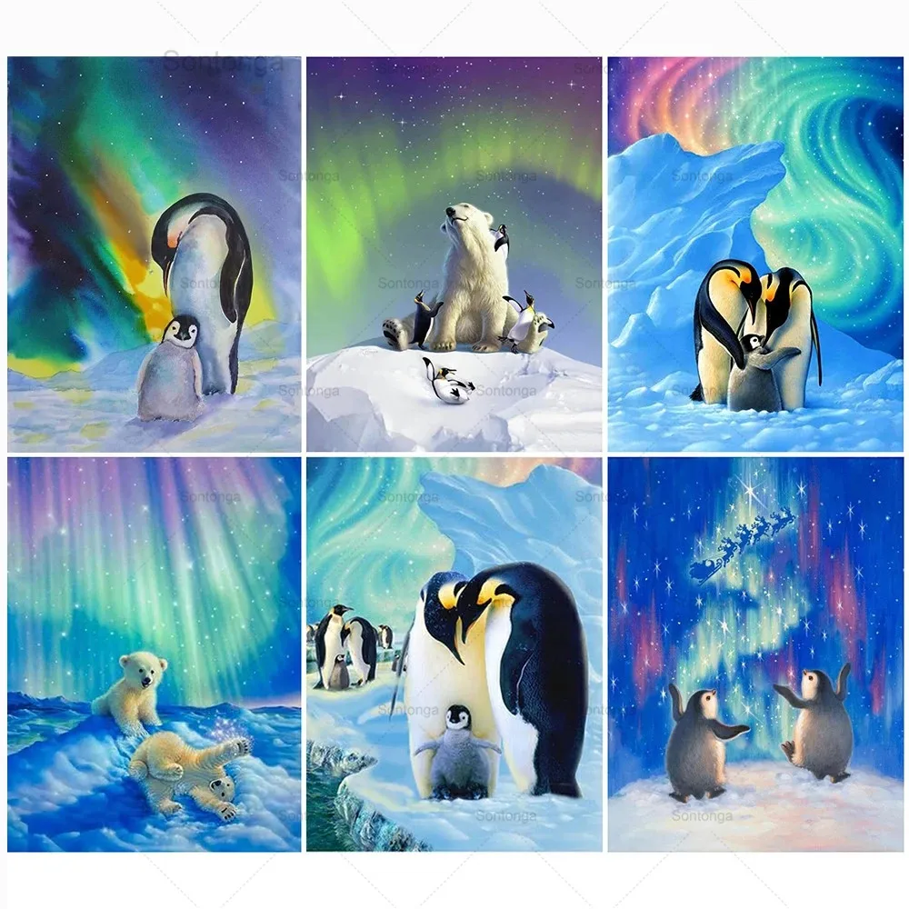

Sontonga Diy Diamond Painting Animal Penguin Winter Aurora 5D Full Square/round Drill Diamond Embroidery Mosaic Decor for Home