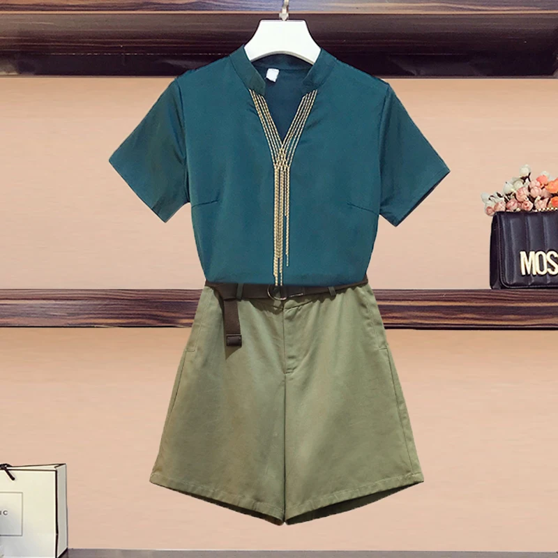 

New V-Neck Shirt Wide Leg Shorts 2 Piece Plus Size Women's Summer Fashion Short Sleeve Tops + Shorts With Sashes Ladies Outfits