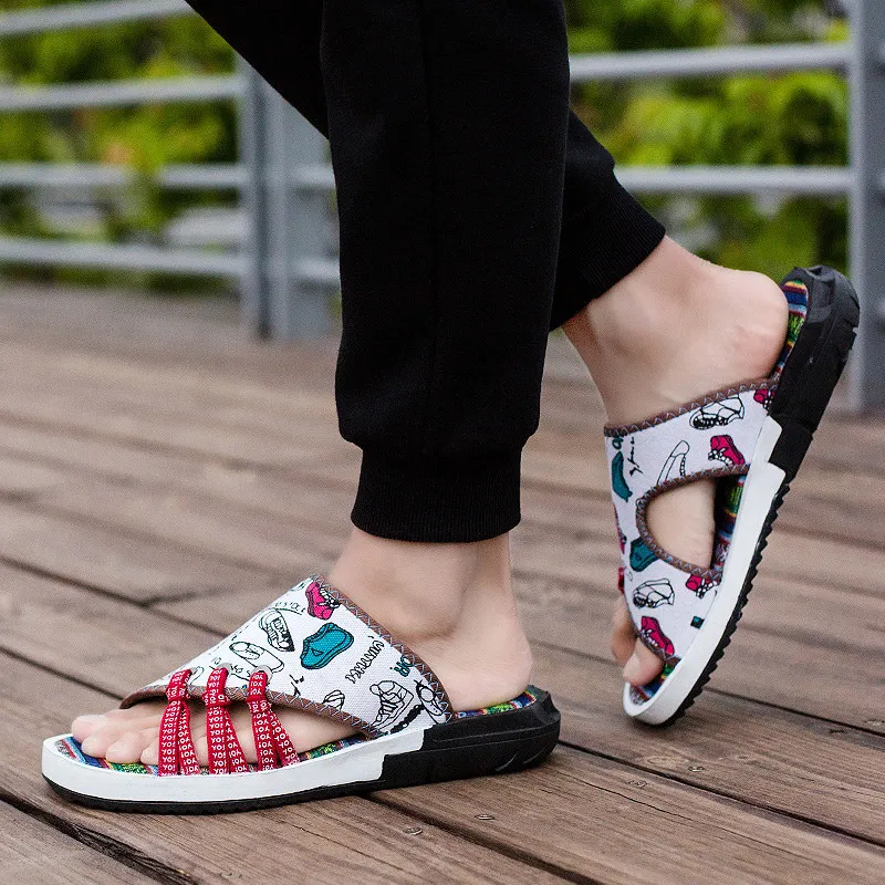 

Retro Men's Flip Flops Summer Printed Mens Casual Slipper New Arrivals Indoor Canvas Loafers Shoes Non-slip 2020 Chanclas Hombre