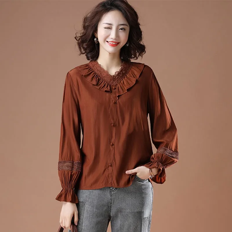 

Женские Элегантные рубашки с длинным рукавом, новинка 2021, весенние винтажные Свободные повседневные топы в простом стиле с кружевом и оборк...
