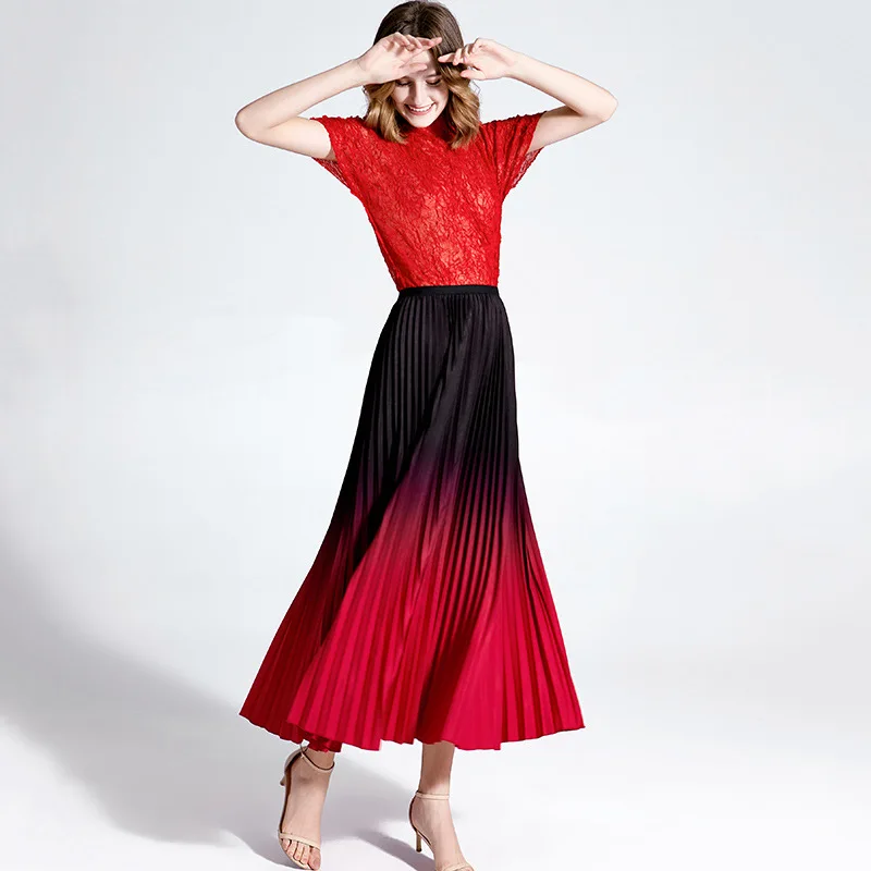 Mid Length Wide Flare Of Skirt Spring And Summer High Waist Gradient  Pleated Skirt