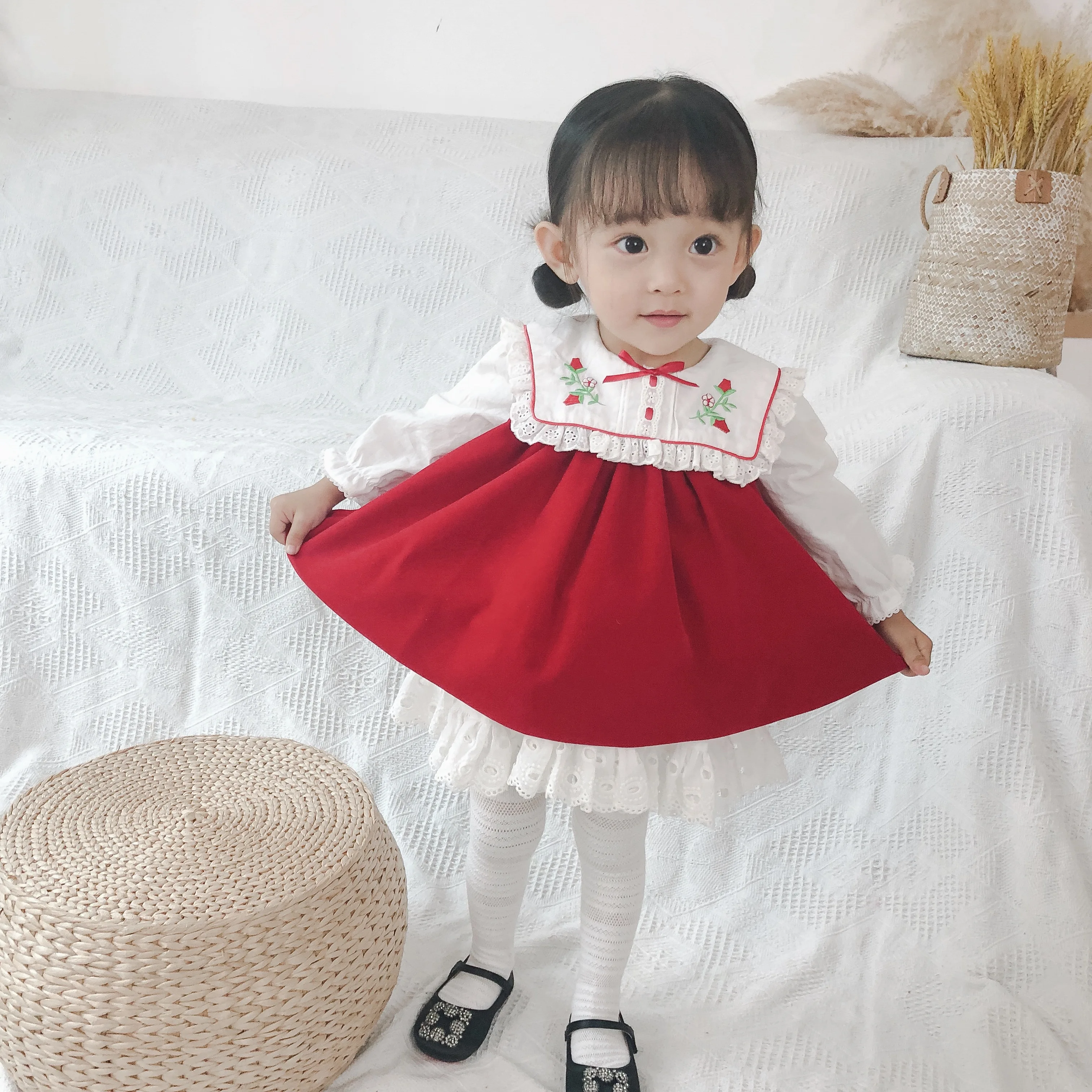 Осенне-зимнее бархатное От 0 до 5 лет из 2 предметов винтажное красное платье-майка