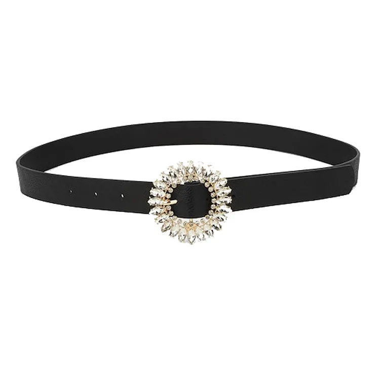 

Женский ремень из искусственной кожи со стеклянной алмазной пряжкой, высокое качество, модный кожаный тонкий ремень, черный пояс BL531