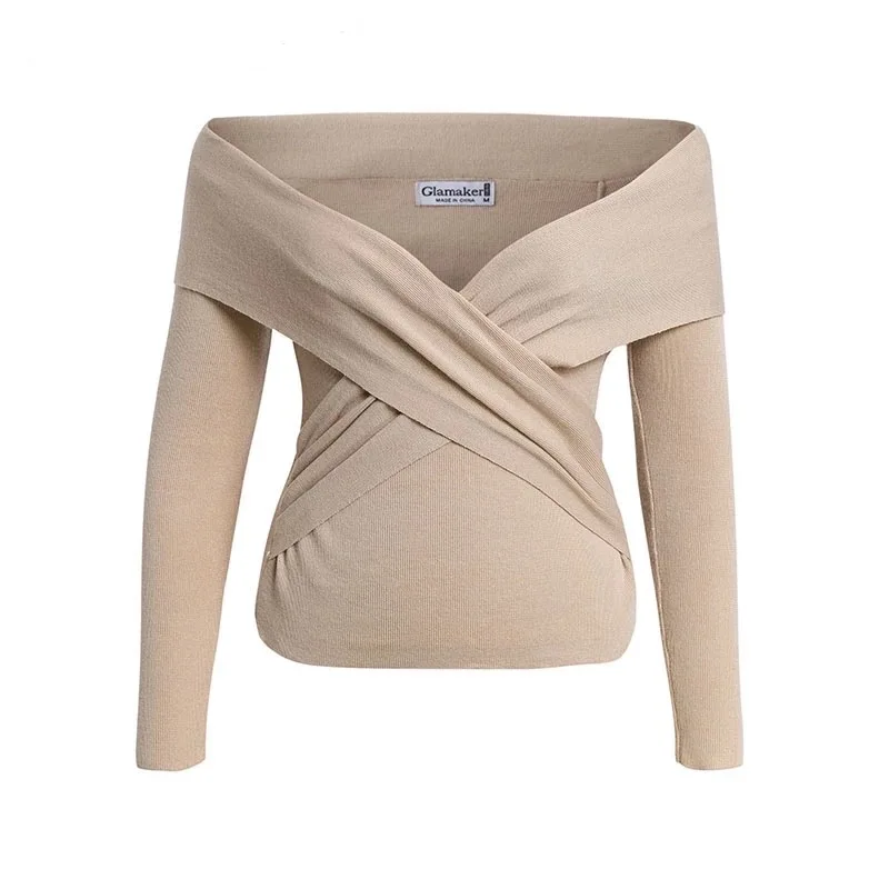 

Autumn Elegant Off Shoulder Blouse Women Cross V Neck Pullover Female Long Sleeve Office Tops Ladies Backless Solid Color Tops