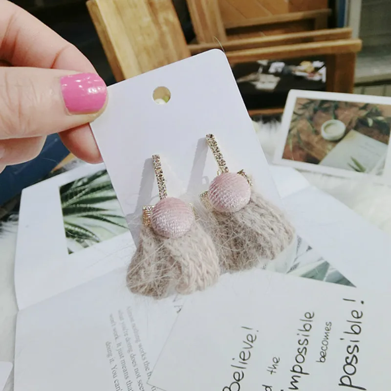 2019 New Korea Style Manual Weaving Wool Pink Mink Hair Student Drop Earrings for Girl Women Fashion Jewelry Accessories | Украшения и