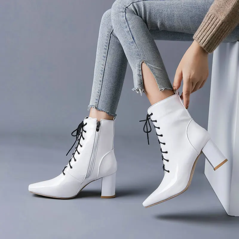 

Fashion Square Heel Pointed Toe Womenankle Boots Zipper Cross Tied Women Short Boots Autumn Winter Shoes Black White Red Apricot