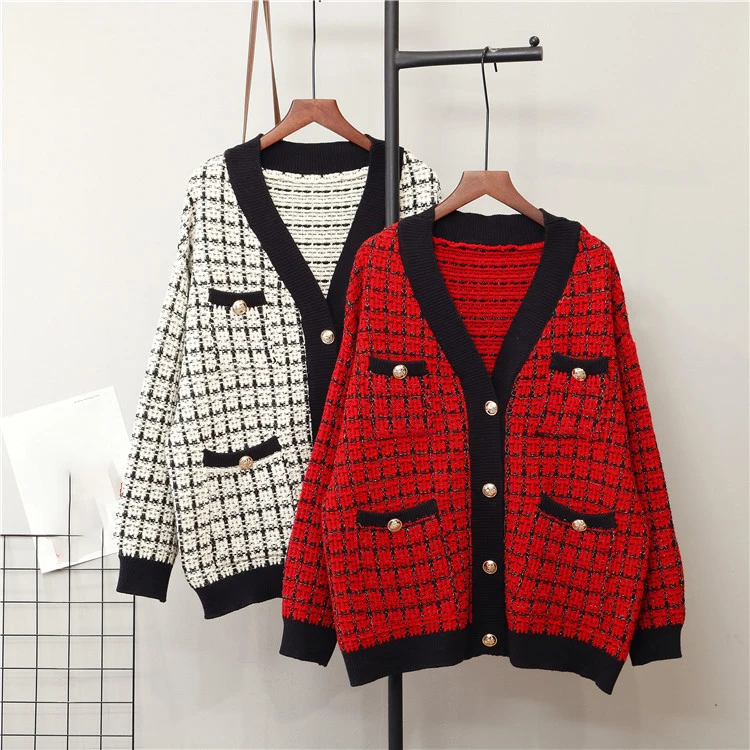 

Check Button Cardigan Sweater Cardigan Women Loose Pocket V-neck Long Sleeve Knitted Cardigan Jumpers Female Autumn Winter